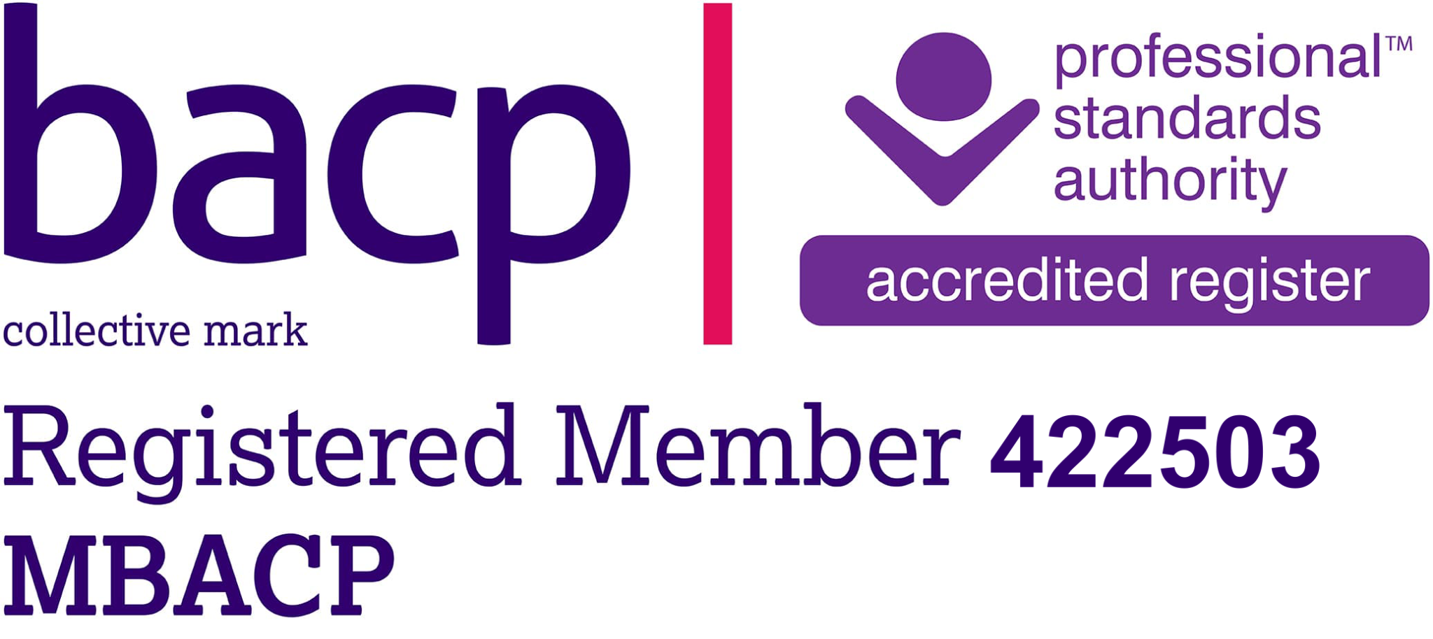 BACP registered member 422503 (MBACP), with the Professional Standards Authority accredited register mark